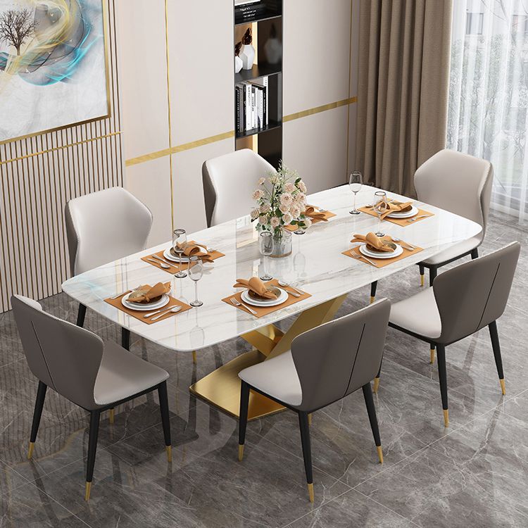 Traditional Luxury Rectangle Dining Table Sintered Stone Table with Gold Pedestal Base