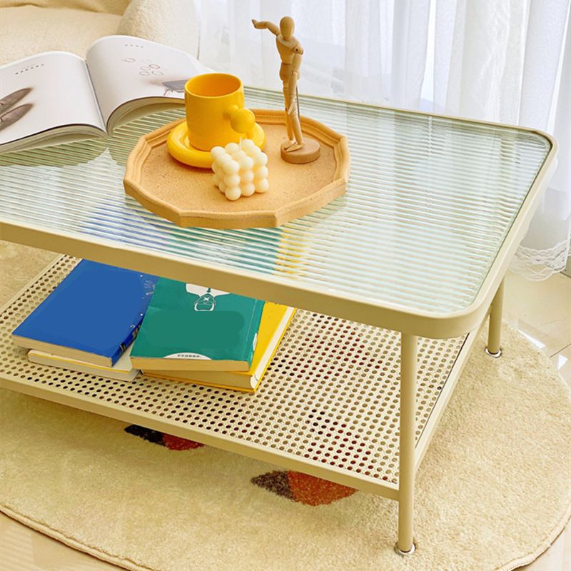 4 Legs Cocktail Table Glass Rectangular Coffee Table with Shelf