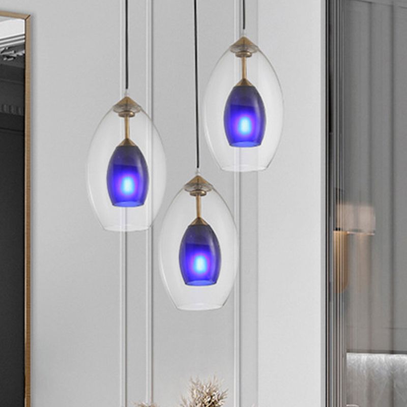 Oval Clear and Blue Multi Pendant Chandelier Simple 3-Light White Hanging Ceiling Lamp