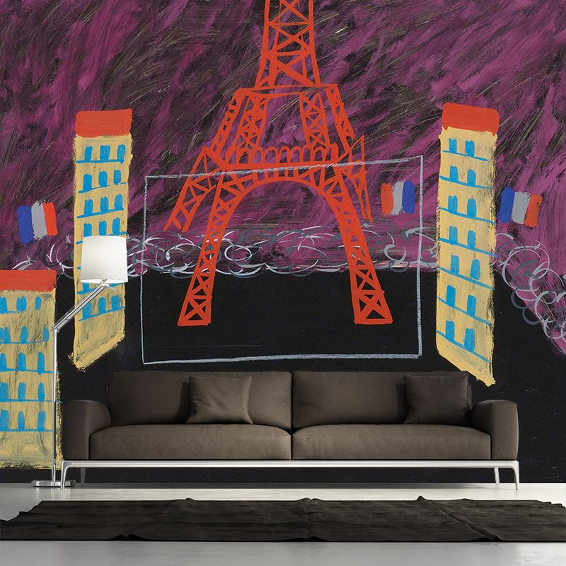 Modern Art Eiffel Tower Mural Rose Red-Black Stain Resistant Wall Decor for Living Room