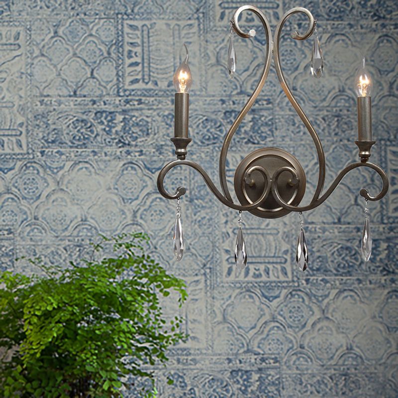 Candle Wall Lamp Vintage Stylish Wrought Iron 2 Lights Silver Wall Light Fixture with Clear Crystal Accent