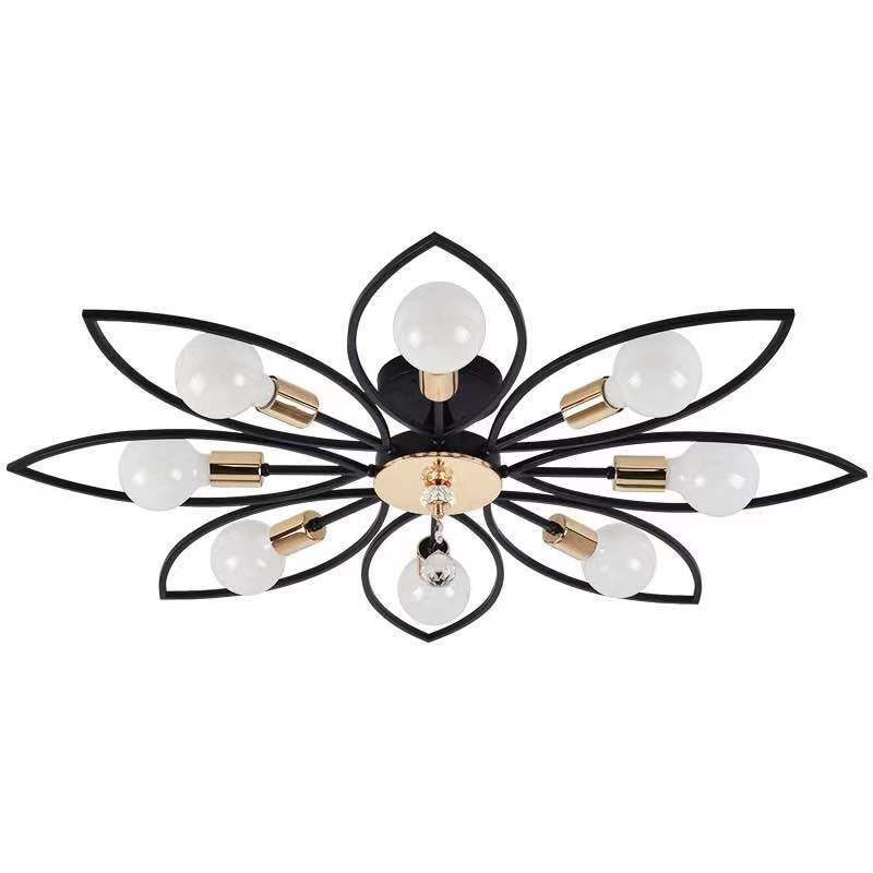 Floriated Semi Flush Mount in Industrial Retro Style Bare Bulb Metal Ceiling Light in Black
