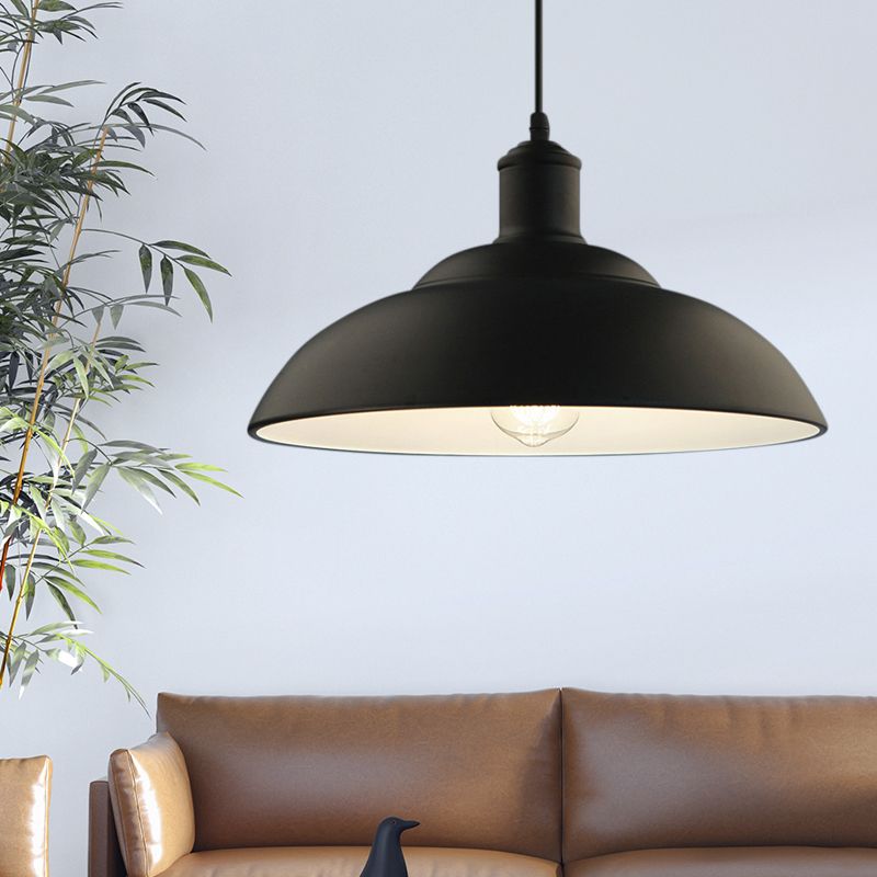 1 Bulb Metal Hanging Lamp Retro Black Finish Bowl Shade Living Room Ceiling Light Fixture with Cord
