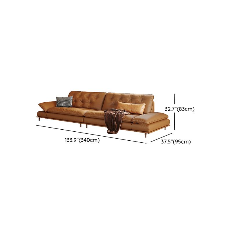 Tufted Pillow Top Arm Sofa Brown Genuine Leathersofa with 2 Cushions