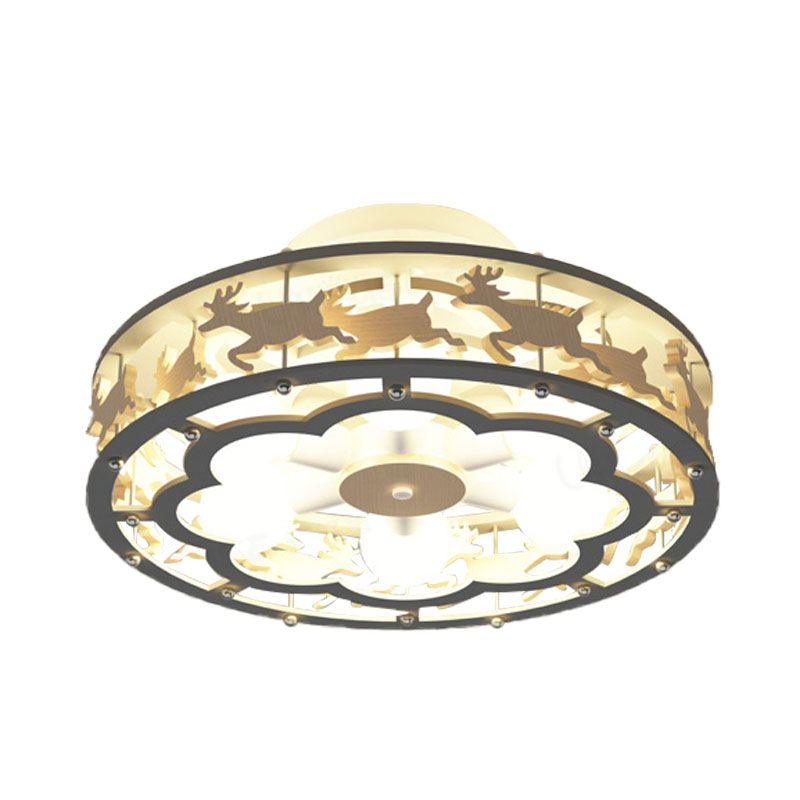 IJzeren trommel plafond verlichtingsarmatuur Noordse 6-bulb grijze semi-spoeling met houten elanden decor