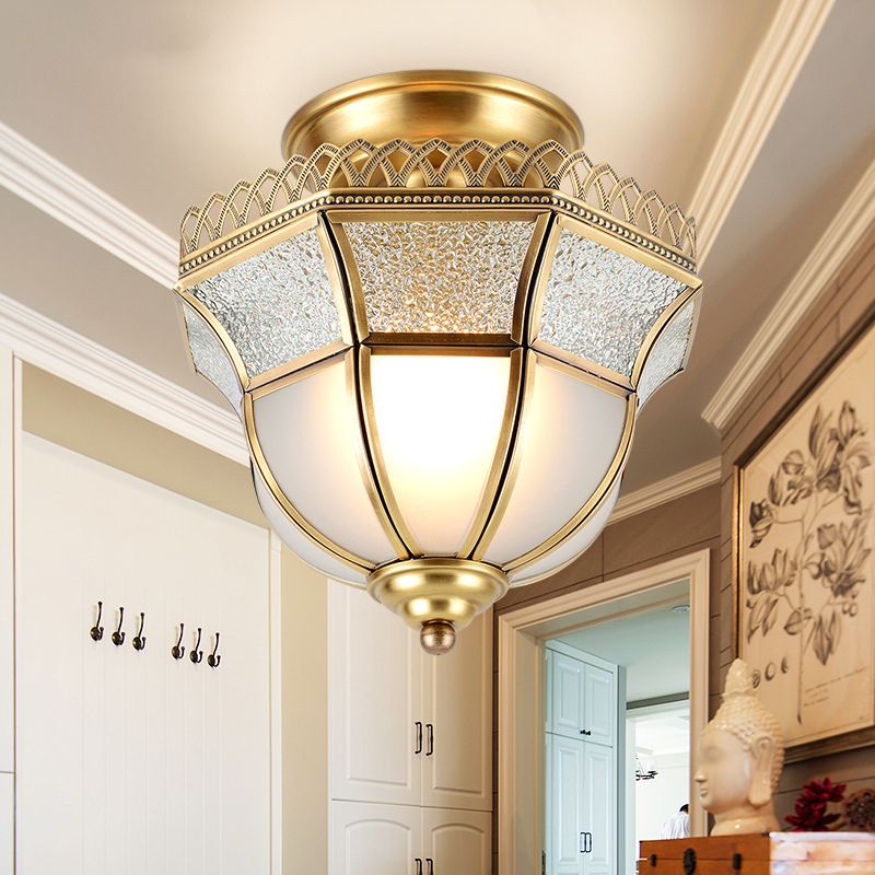 Schoolhouse Aisle Close to Ceiling Lighting Vintage Glass Brass Semi Flush Light