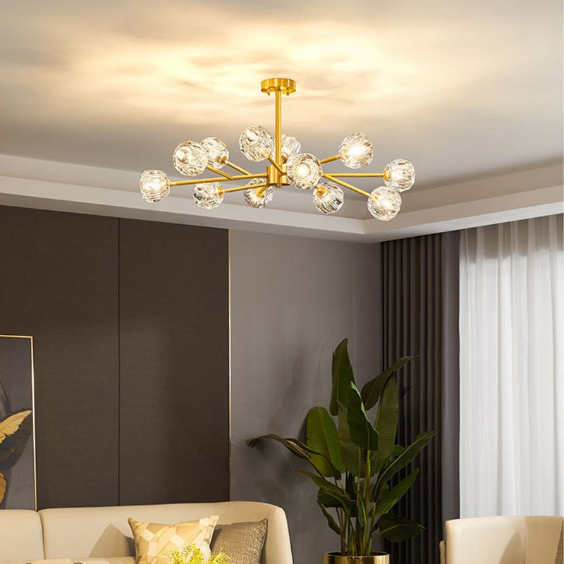 12-Light Brass Sputnik Chandelier, Modern Linear Dimmable Ceiling Light With Adjustable Height