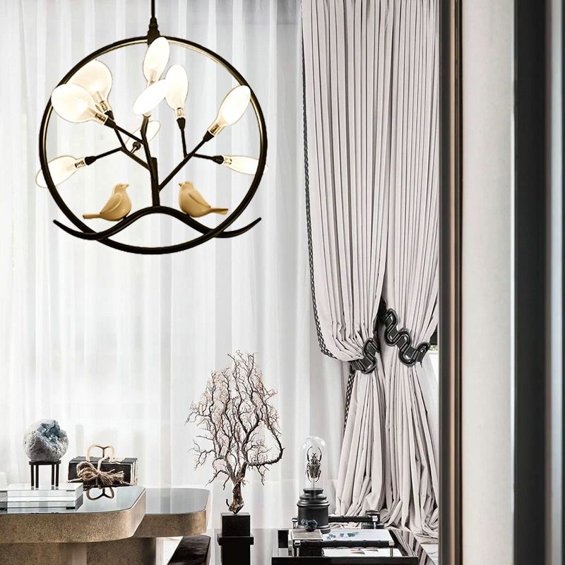 Modernist Circular Hanging Chandelier Light Metal 9-Light Indoor Pendant Lamp with Acrylic Shade in Black/Gold Finish