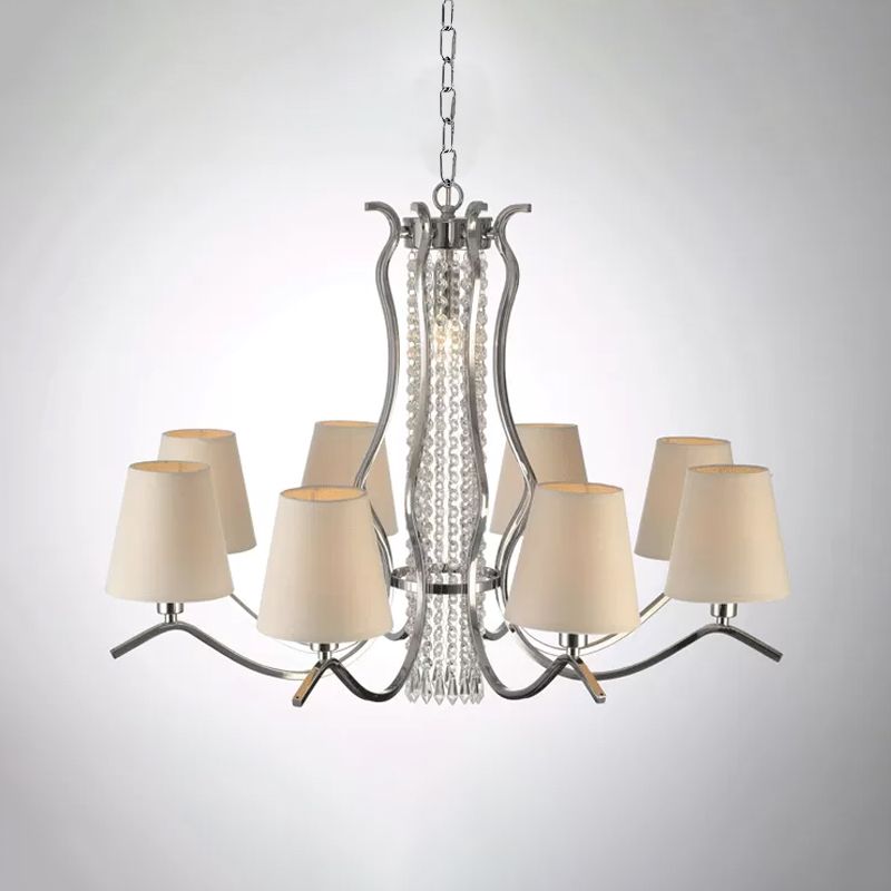 Clear Crystal Stands scrollen Hangluchting Traditionele 9 hoofden Palon Kroonluchter met witte taps toelopende stofschaduw