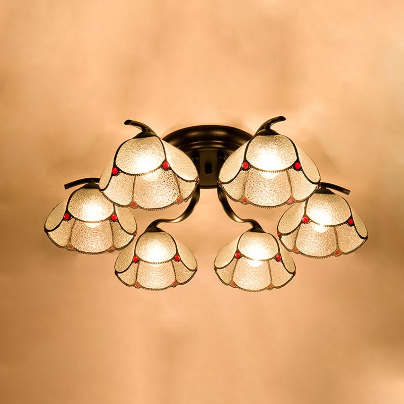 Stained Glass Scalloped Ceiling Fixture Mediterranean 3/6/7 Heads Black Semi Flush Mount Lighting