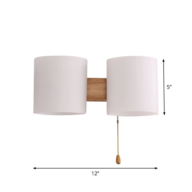 Opaline Glass Cylinder Wall Mount Lamp Modern 2 Lights Beige Wall Lighting Ideas with Pull Chain