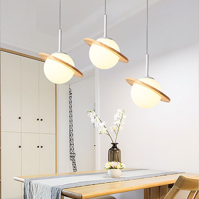 Modern Style Ceiling Light with Moon Design Glass Shape, Wood Accents Cluster Lighting