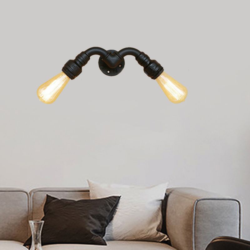 Lámpara de pared de bombilla desnuda de estilo vintage con diseño de tuberías de 2 cabezas aplique de pared metálica en negro para interiores