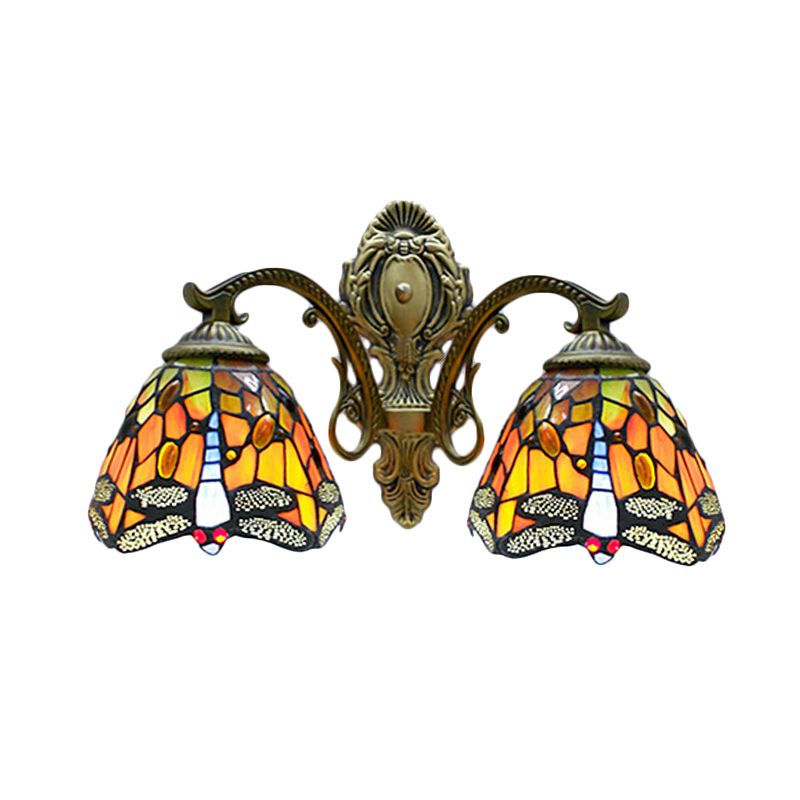 Tiffany Rustic Dragonfly Wall Lamp Stained Glass 2 Bulbs Orange Wall Sconce for Coffee Shop