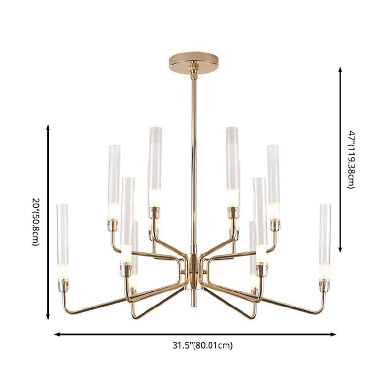 Gold Metal Pendant Light Mid-Century Cylindrical Clear Glass Shade Chandelier Lighting for Living Room