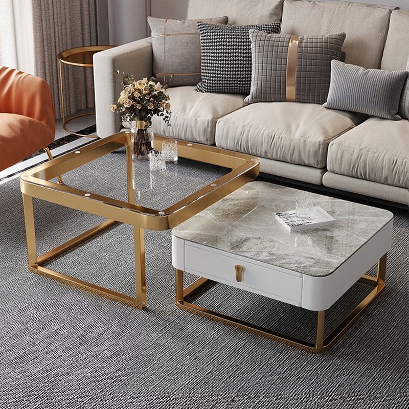 Gold Frame Metal Iron Base Design with Drawer Square Coffee Table