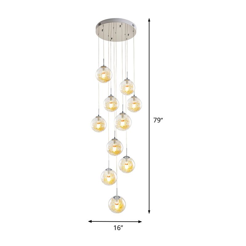 10-Head Multi Light Pendant Modernism Stair Suspension Lamp with Sphere Clear Glass Shade in Silver