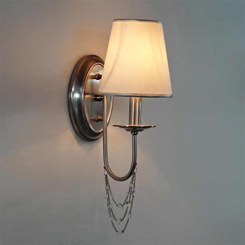 1/2-Head Wall Mount Lamp Retro Living Room Sconce Light with Tapered Fabric Shade in Silver