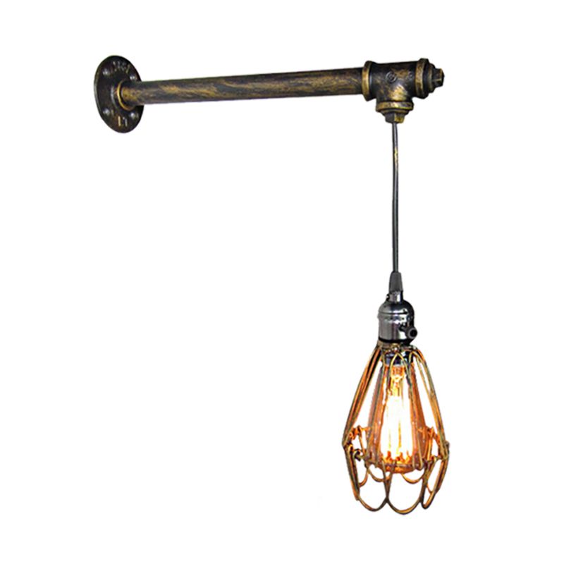 Metal Caged Wall Sconce Lamp Industrial 1 Bulb Restaurant Wall Mount Pipe Light in Brass