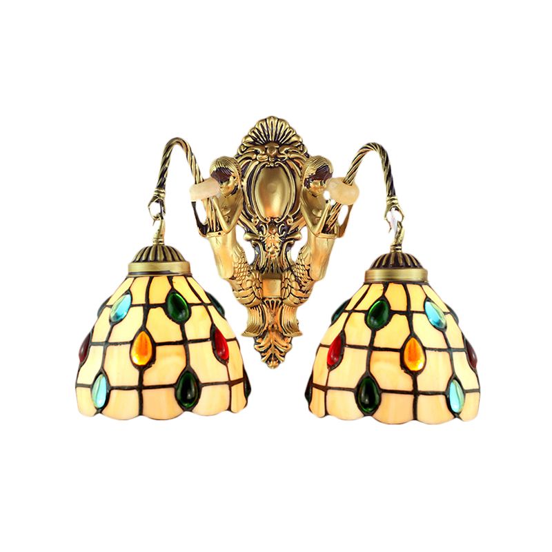 Jeweled Beige Glass Sconce Light Fixture 2 Heads Brass Wall Mount Light for Bedroom