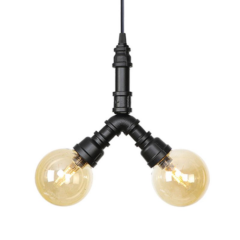 2/3/4-Bulb Chandelier Antiqued Coffee House LED Ceiling Pendant Light with Sphere Amber Glass Shade in Black