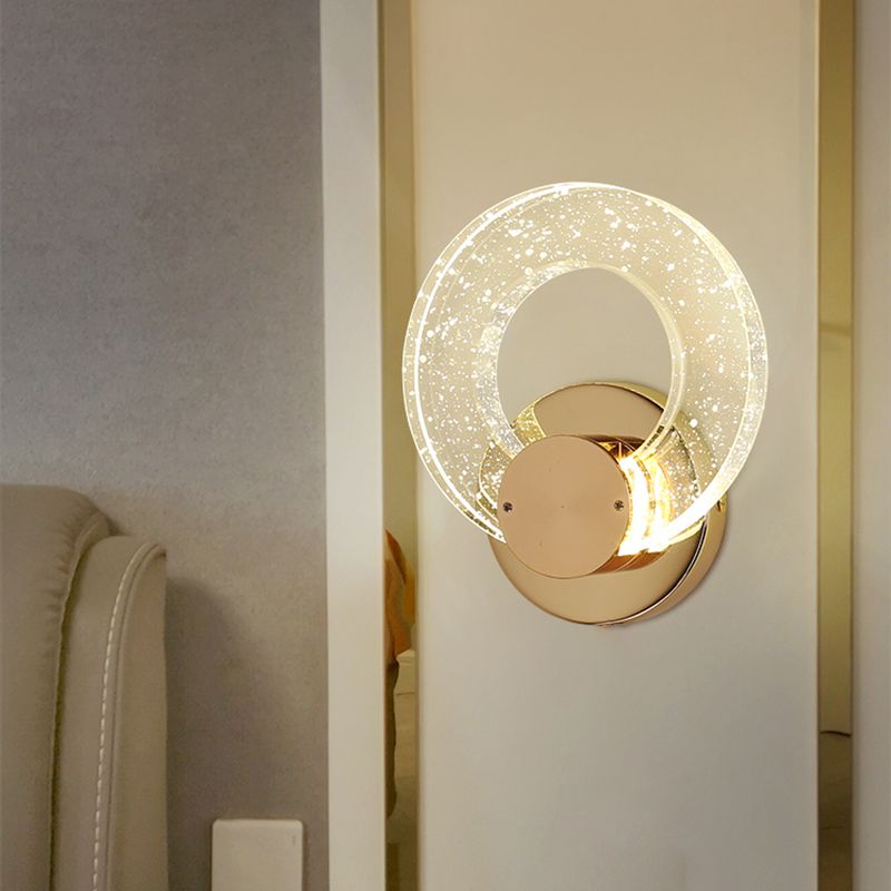 Gold Contemporary 1-Light LED Wall Sconce Circle Crystal Wall Mounted Light for Bedroom