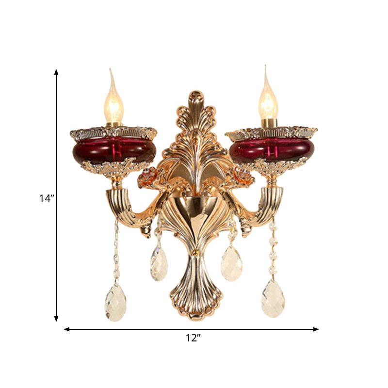 Crystal Gold-Red Wall Lighting Ideas Flameless Candle 1/2-Head Traditional Sconce Lamp for Lobby