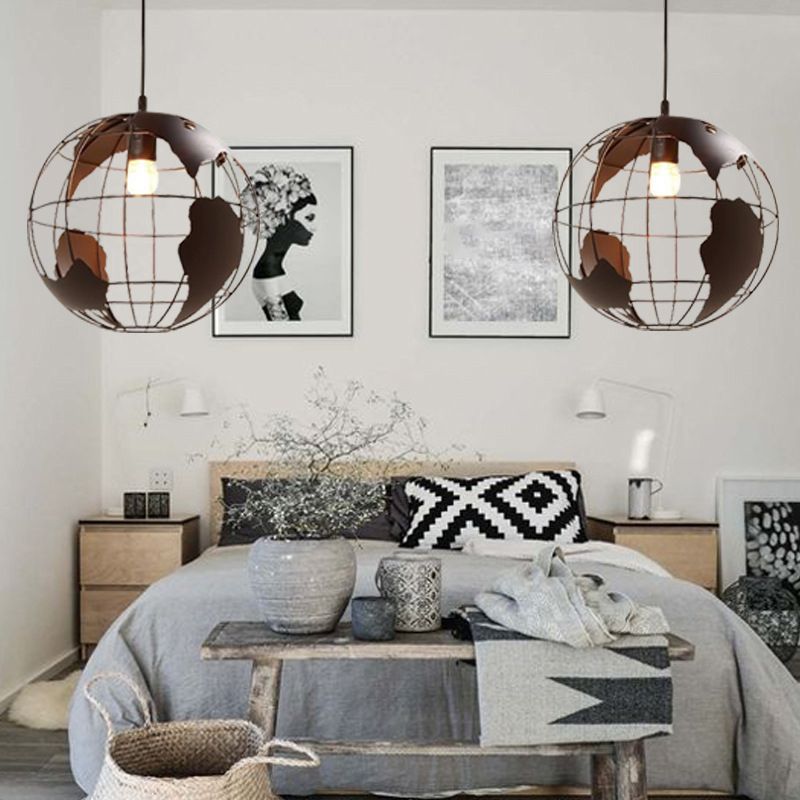 Industrial Orb Single Pendant Light Globe Metal Cage Shade Hanging Lamp for Living Room