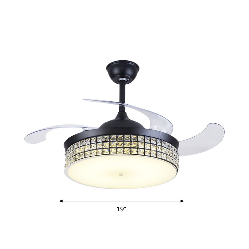4-Blade-Drum Semi Flush Mount Light Contemporary CRYN CRISTAL 19 "Breite LED LED Black Hanging Lüfterlampe