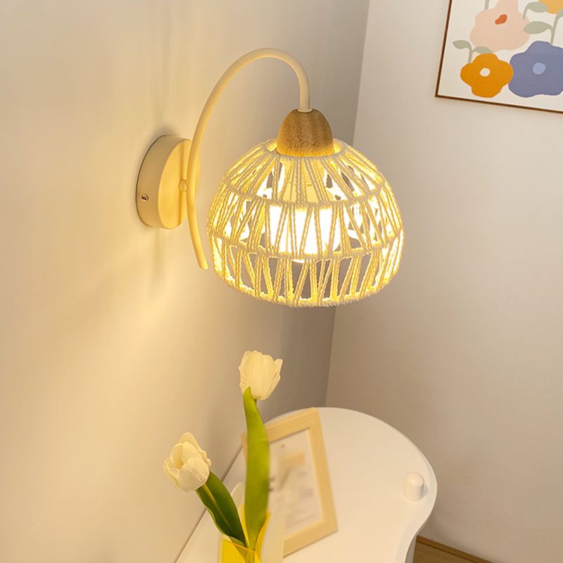 Single Light Wood Wall Sconce Rattan Dome Shade Wall Lighting in White