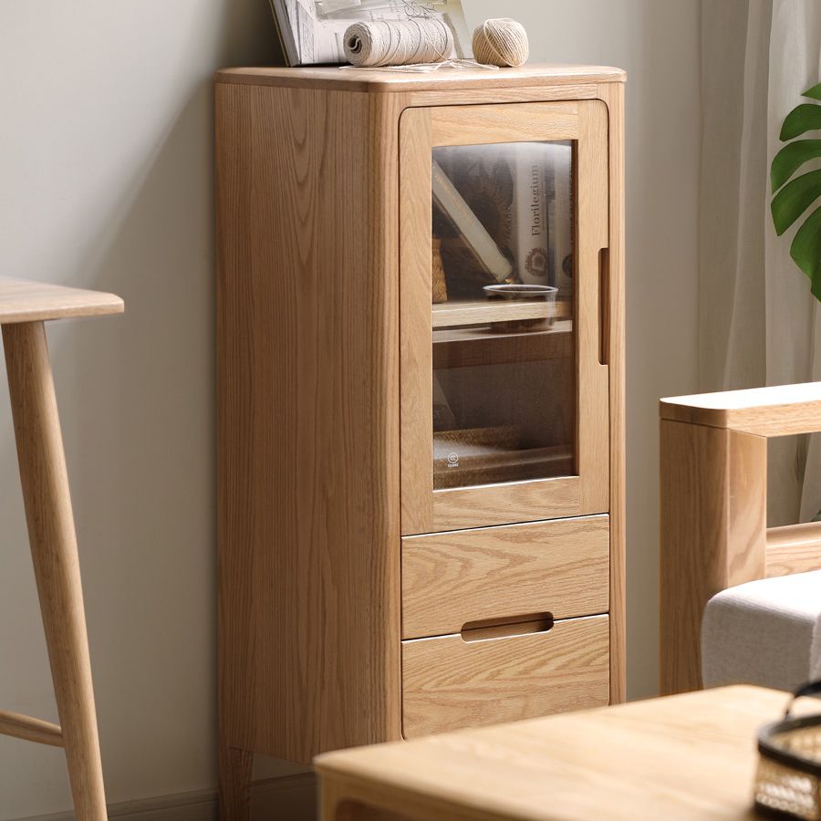 Solid Wood Glass Paned Grooves Accent Cabinet with Door and Drawer