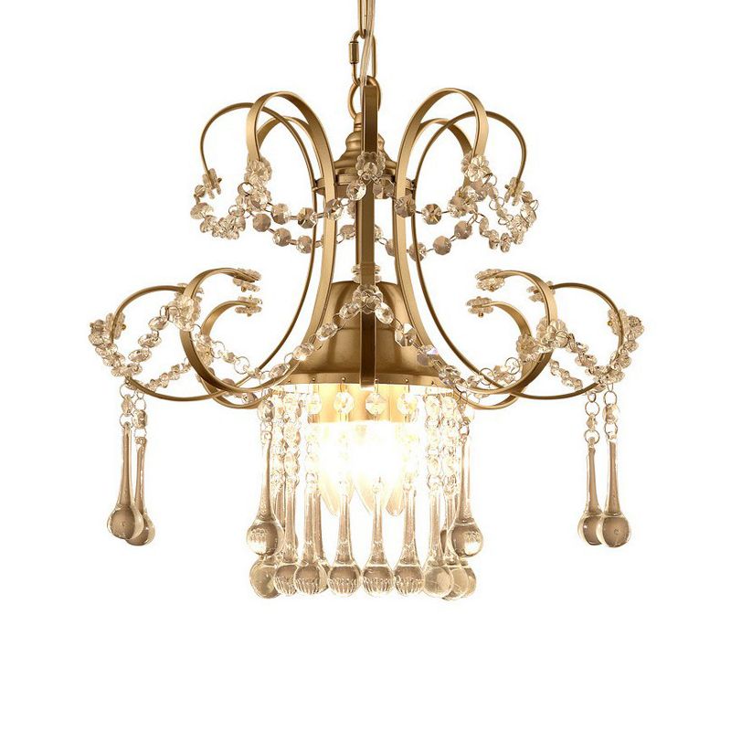 Gold 3 Lights Ceiling Chandelier Contemporary Metal Scrolling Pendulum Lamp with Crystal Accent