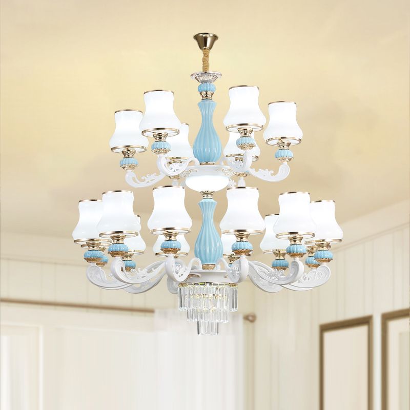 Bud Shade Bedroom Chandelier Lighting Classic Cream Glass Blue Pendant Light with Tiered Crystal Accent
