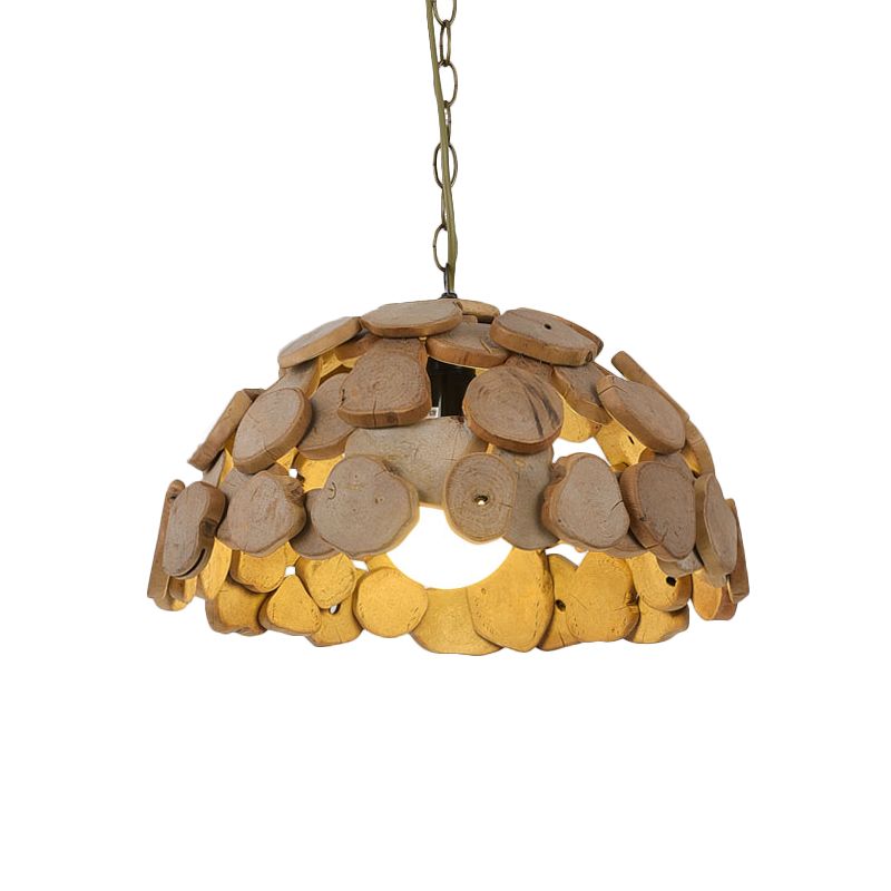 1-Head Restaurant Ceiling Light Asian Brown Hanging Lamp Kit with Dome Wood Block Shade
