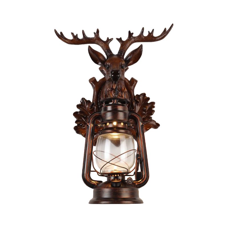 Single Flameless Kerosene Wall Lamp Rustic Style Brown/Bronze Transparent Glass Sconce with Resin Faux Elk Backplate