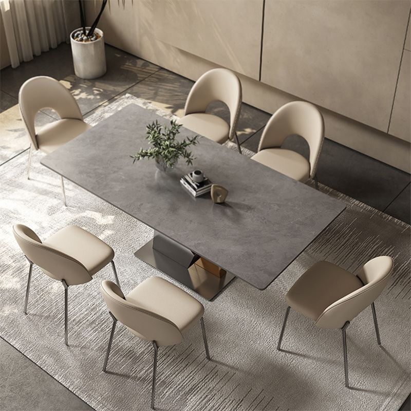 Industrial Sintered Stone Dining Table in Grey Rectangle Dining Table with Pedestal Base