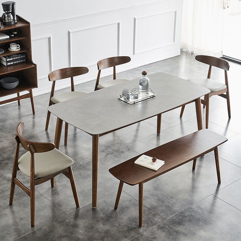 Gray Stone Top Dining Table Mid-Century Modern Table with 4 Wood Legs