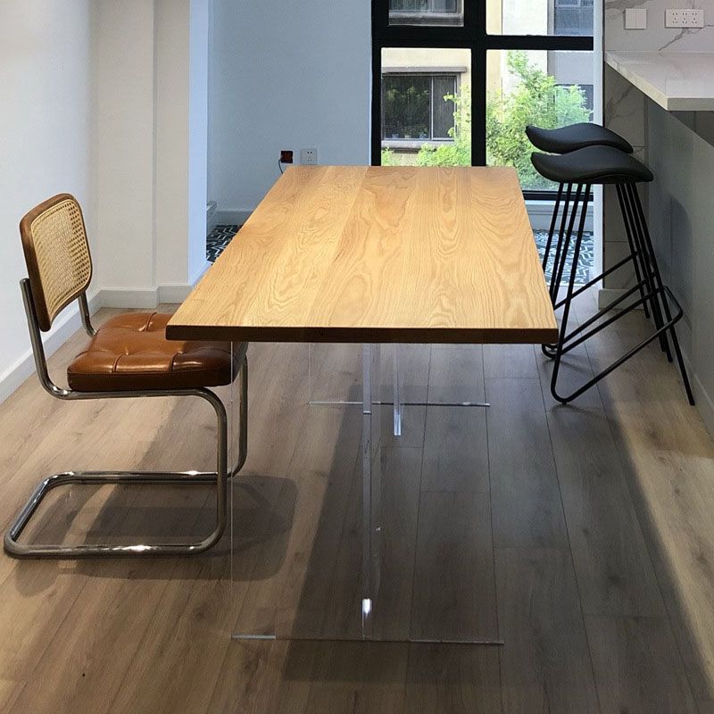 Rectangle Dining Table Natural Pine Wood Top Transparency Acrylic Base Table
