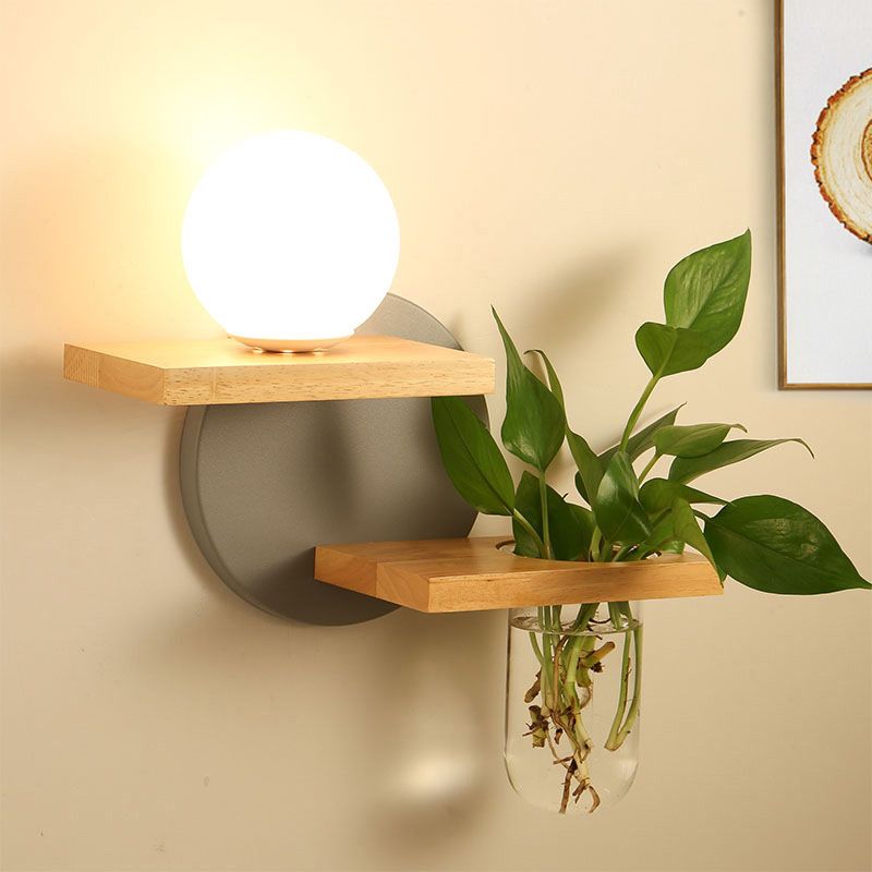 Round Shade Wall Lighting Modern Simple Wood Style Wall Light in Brown and White
