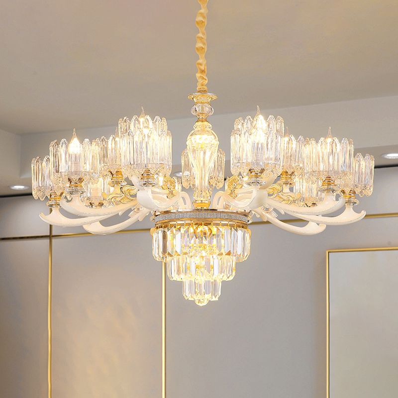 Cylindrical Shaped Living Room Chandelier Light Retro Clear Glass Gold Pendant Light with Layered Crystal Decor