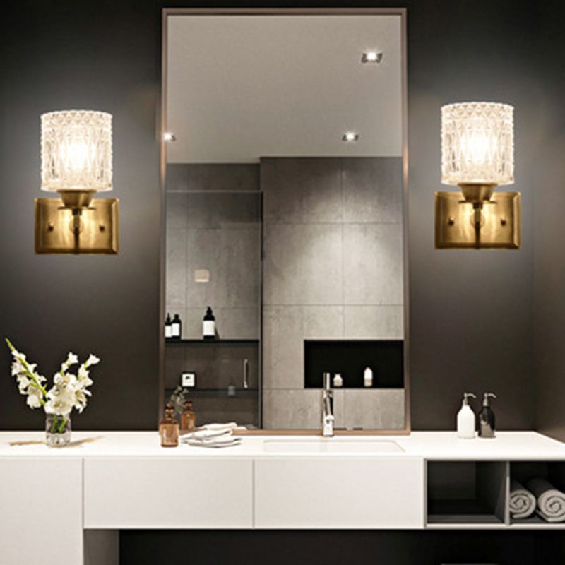 Cylinder Shaped Wall Light Fixture Contemporary Lattice Glass Brass Wall Lighting for Corridor