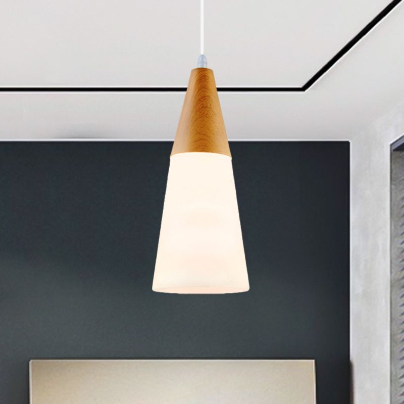 White Glass Cone Hanging Light Modern 1 Light Pendant Light Fixture with Wood Cap