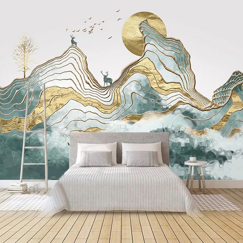 Giant Illustration Style Murals Chinese Traditional Landscape Painting in Yellow and Green for Decor