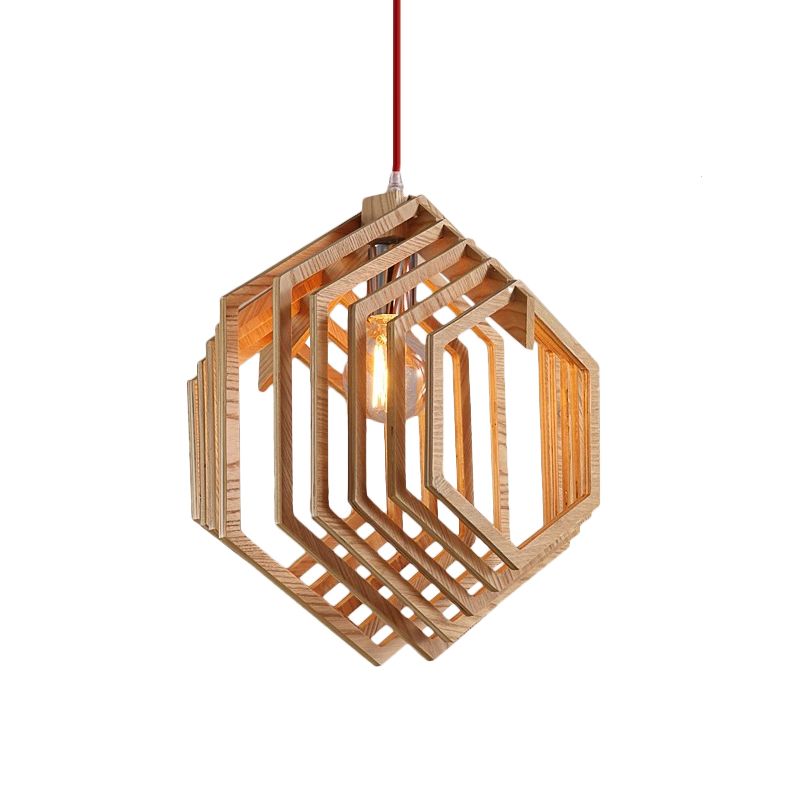 Layered Hexagon Hanging Lamp Modern Wood 1 Bulb Dining Room Ceiling Pendant Light in Brown