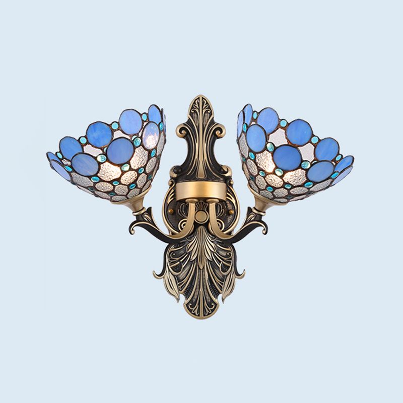 2 Lights Wall Mounted Light Mediterranean Dome/Flower Stained Art Glass Sconce in Red/Pink/Orange for Bedroom