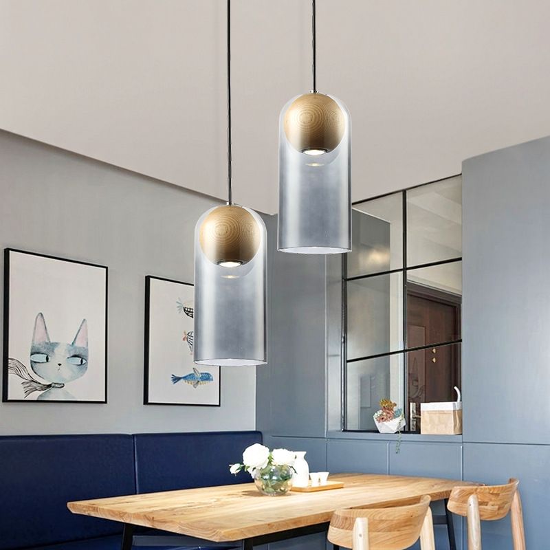 Lámpara de madera de color colgante LED artístico moderno con tono de vidrio gris