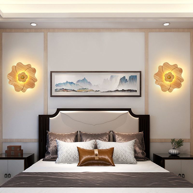 Flower Shape Wooden Sconce Light Chinese Style Wall Lighting Ideas for Bedroom Tearoom