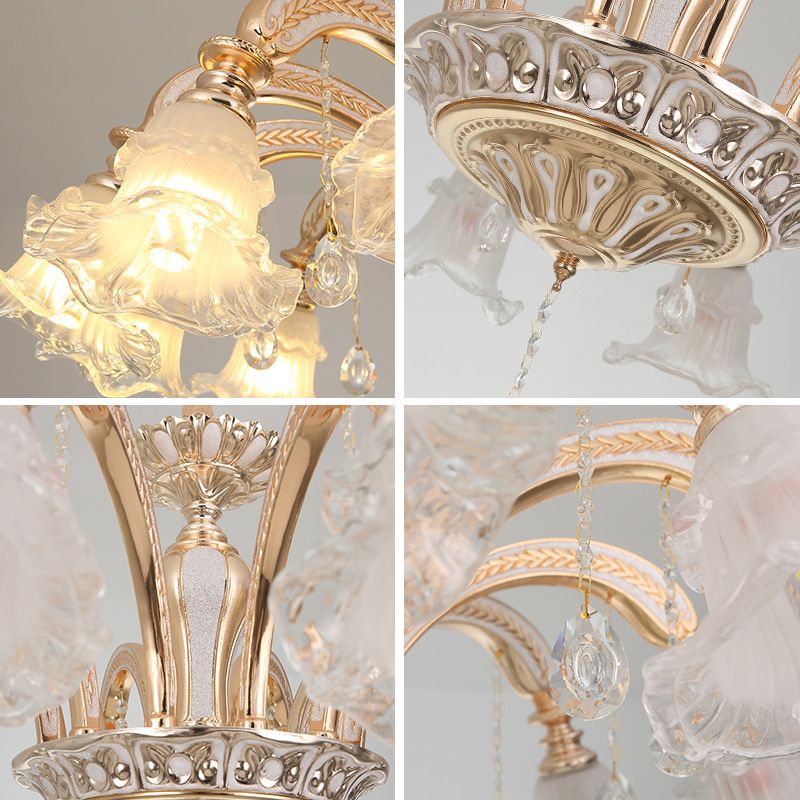 Flared Living Room Chandelier Lighting Classic Ruffle Glass Gold Pendant Light with Crystal Accent