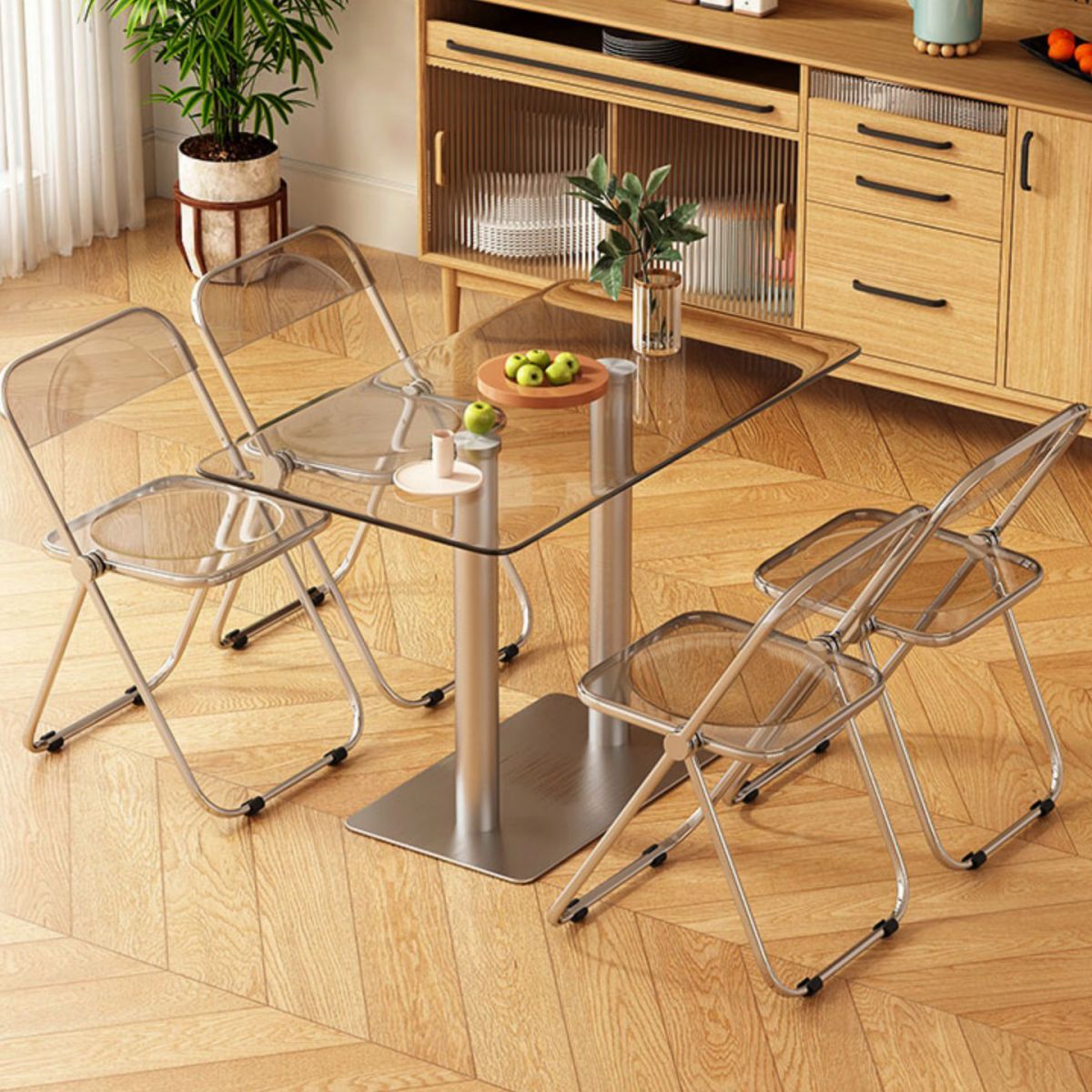 Modern Glass Desktop Geometric Dining Table Metal Base for Dining Room