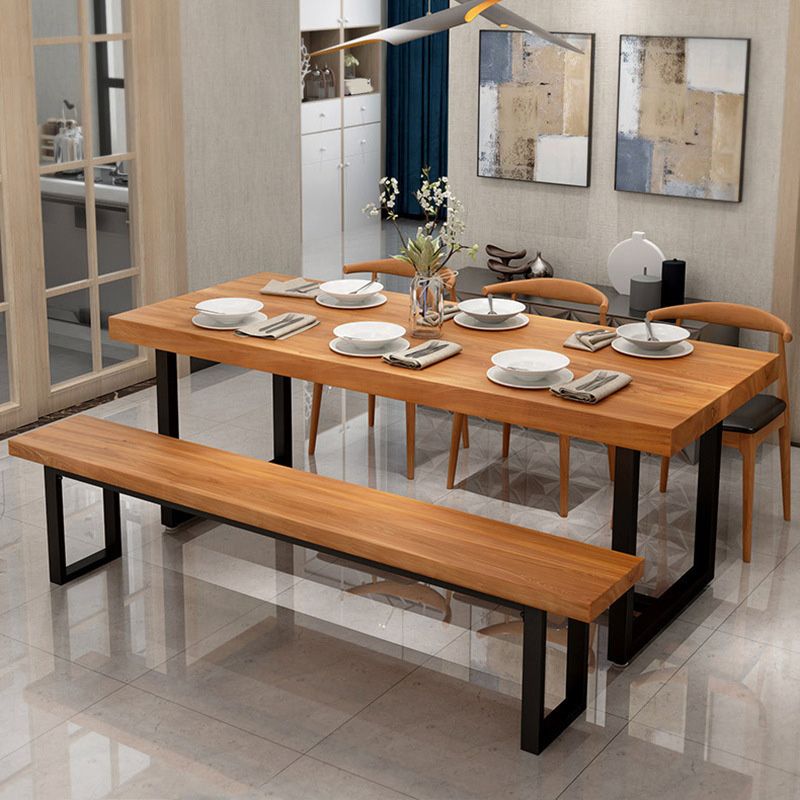 Solid Wood Top Table with Metal Base Industrial Rectangle Dining Table